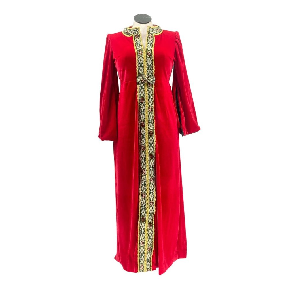 Handmade 1960's Inspired Red Velvet & Gold Trim Maxi Gown Holiday Christmas